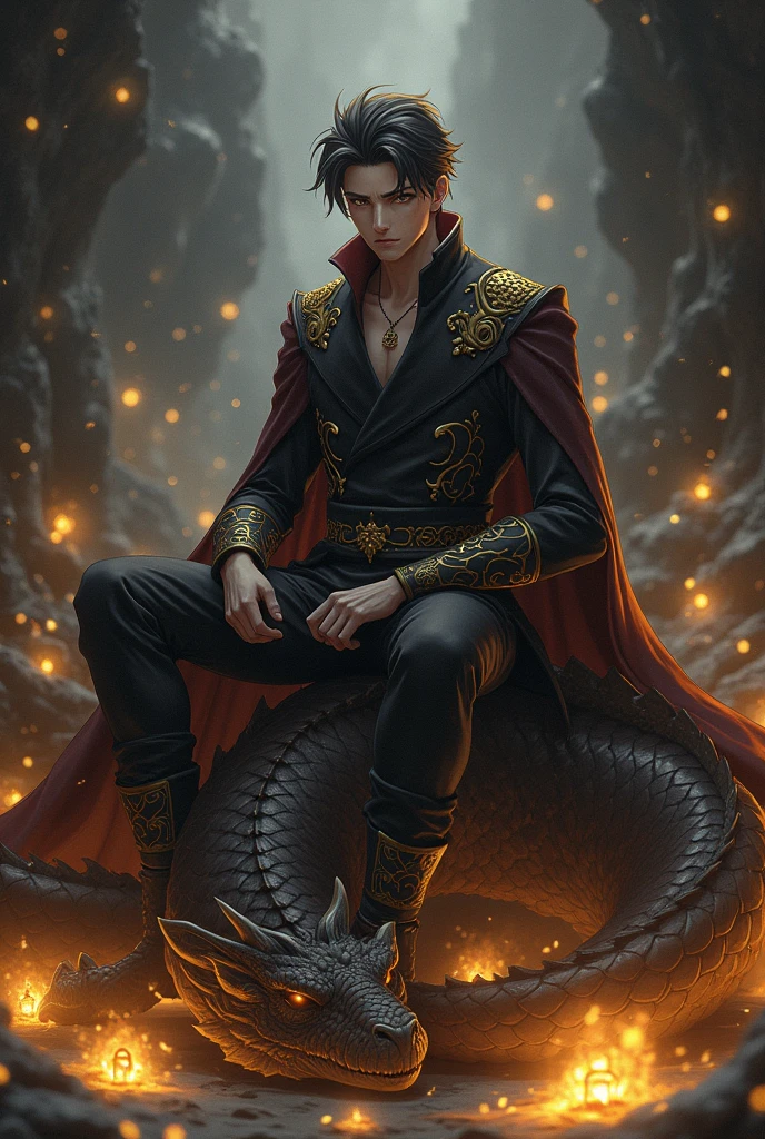 Male anime character sitting on a dead dragon inspired by illuminants, dragons, keys and padlocks and predominant color black and gold 