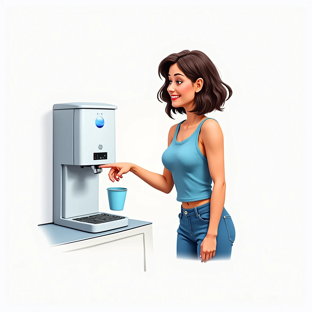 woman using an automatic water dispenser machine clicking with 1 finger full hd max realistic image she is standing holding a cup she is happy and wearing a blue tank top
