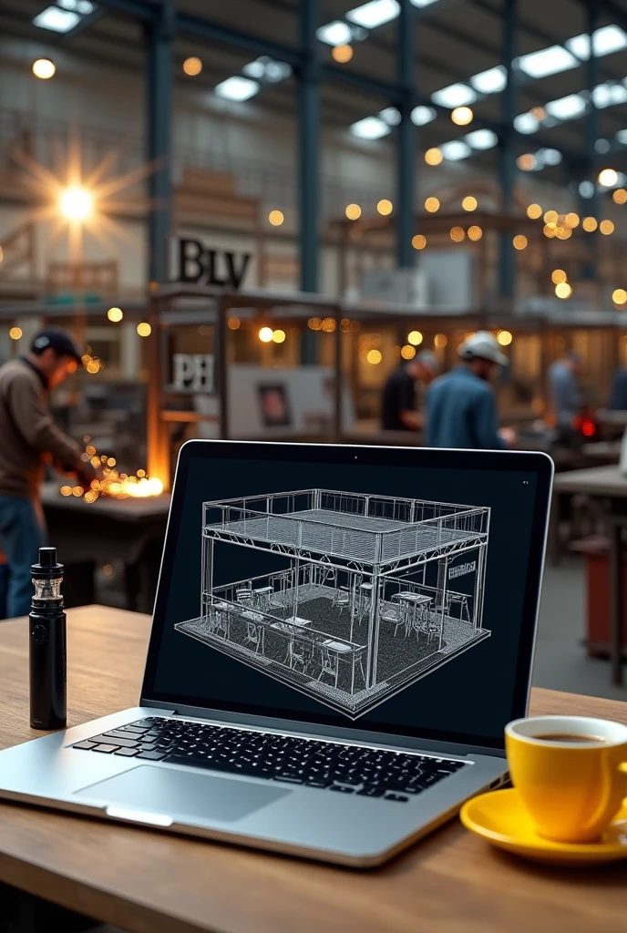 Laptop screen shot showing 3d design of iron frame cafe. Beside the laptop is a black vape the size of a finger and a yellow coffee cup.. Behind the laptop there are several welders welding iron fences and canopies in a large warehouse with lots of iron poles., there is an iron board that says BLV.