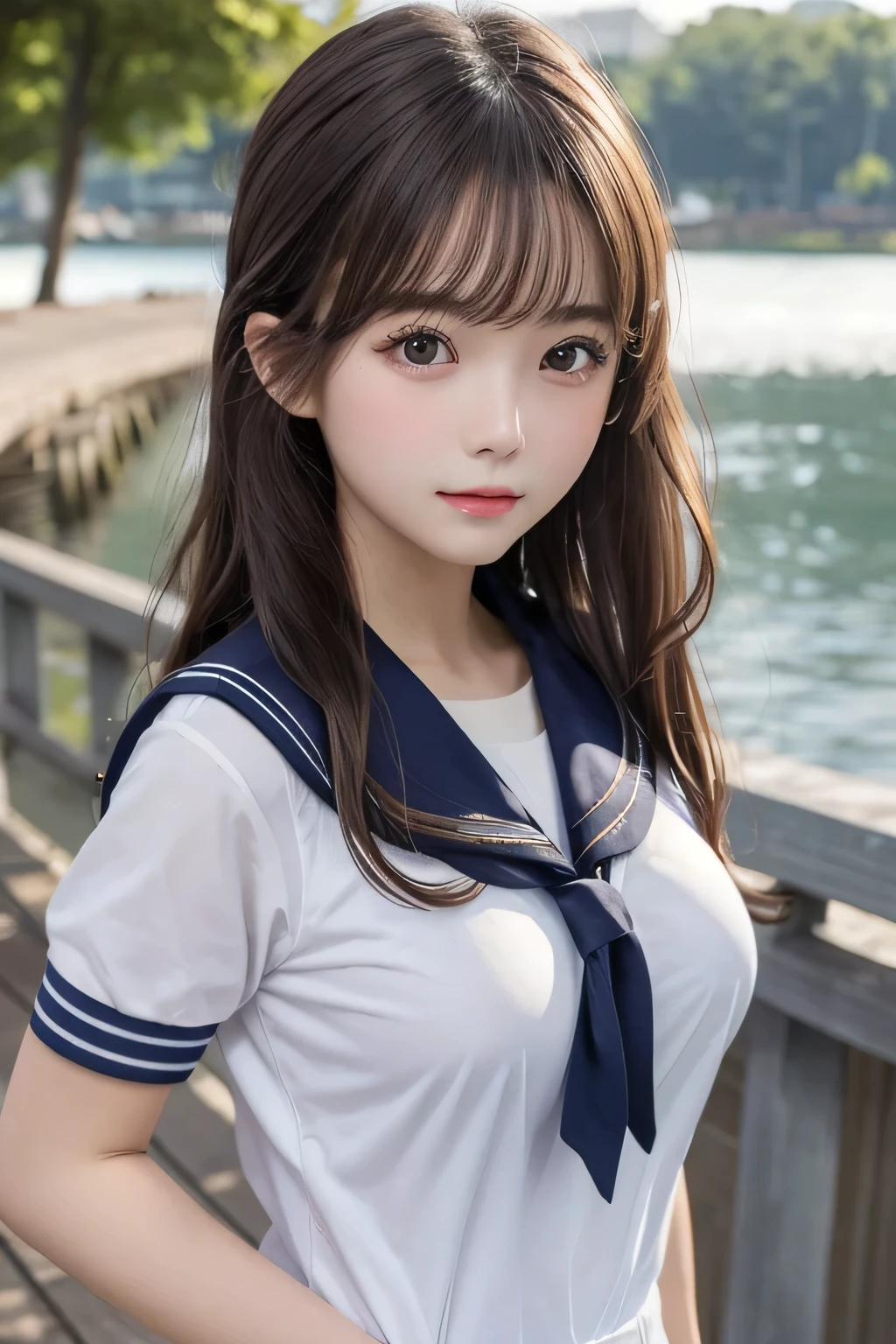 One Girl, 1 person,Highest quality,High resolution,超High resolution,8k,Realistic,Upper Body,encounter_audience,Large Breasts, the body is slim,(sailor suit School uniform:1.2),