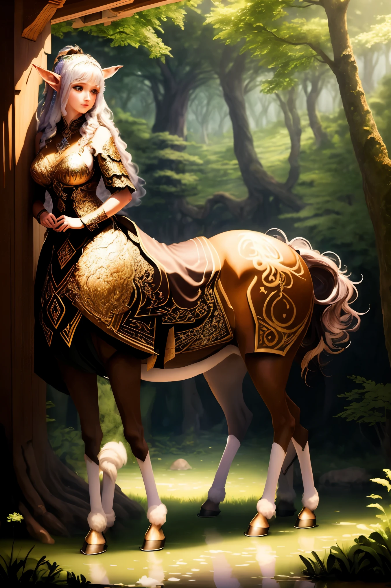 Centaur, elf, light-filled forests, sacred springs, fantasy world, best quality, high resolution, ultra detailed, realistic,