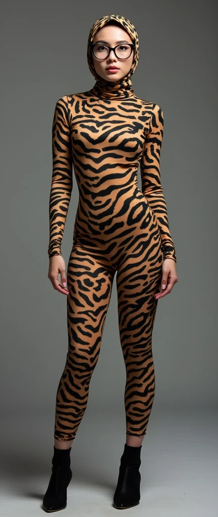 The beautiful and thinest chinese adult woman with glasses yellow cheetah animal print lycra elasticity turtleneck unitard catsuit.She always wear hijab-like zentai costume hood made of lycra elasticity.She performs when she is my contortionist.