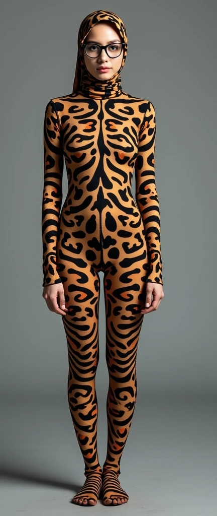 the beautiful,slender thin and prettiest Asian muslimah adult girl with beautiful cheeks wears margay print lycra turtleneck unitard catsuit covered with seamless spots and always wear margay print lycra elastane stretchy dance wear hijab covered with seamless spots.