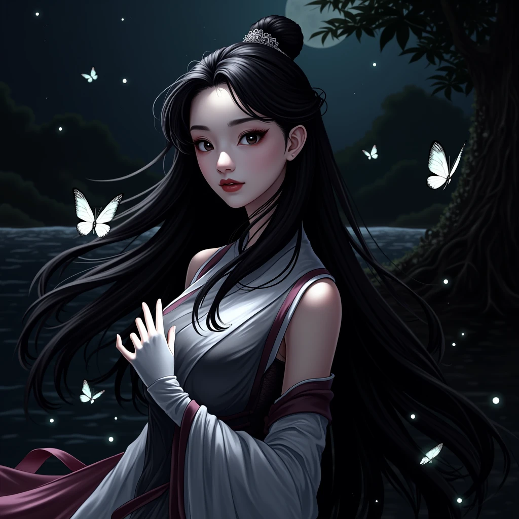 original, (masterpiece), (illustration), (extremely fine and beautiful), (perfect details), (unity CG 8K wallpaper:1.05), (beautiful and clear background:1.25), (depth of field:0.7),1girl,huanxiaoyi , (stands aside the river:1.15).(hair blowing with the wind:1.1),butterflys flying around, (moon light:0.6), tree, (summer), (night:1.2), (close-up:0.35), (gloves:0.8), solo ,