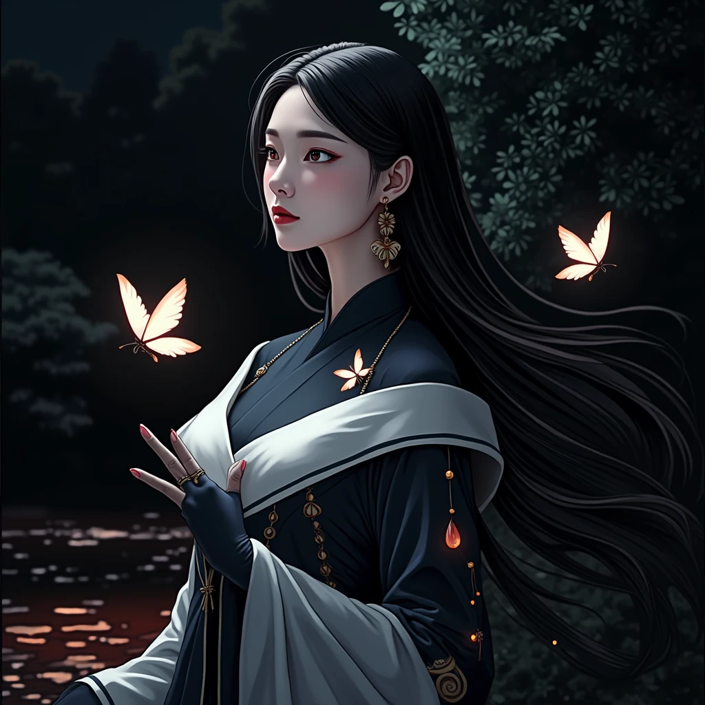original, (masterpiece), (illustration), (extremely fine and beautiful), (perfect details), (unity CG 8K wallpaper:1.05), (beautiful and clear background:1.25), (depth of field:0.7),1girl,huanxiaoyi , (stands aside the river:1.15).(hair blowing with the wind:1.1),butterflys flying around, (moon light:0.6), tree, (summer), (night:1.2), (close-up:0.35), (gloves:0.8), solo ,