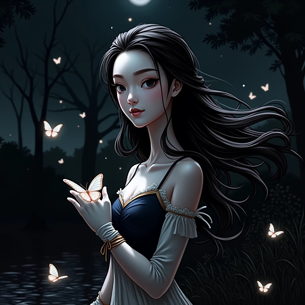 original, (masterpiece), (illustration), (extremely fine and beautiful), (perfect details), (unity CG 8K wallpaper:1.05), (beautiful and clear background:1.25), (depth of field:0.7),1girl,huanxiaoyi , (stands aside the river:1.15).(hair blowing with the wind:1.1),butterflys flying around, (moon light:0.6), tree, (summer), (night:1.2), (close-up:0.35), (gloves:0.8), solo ,