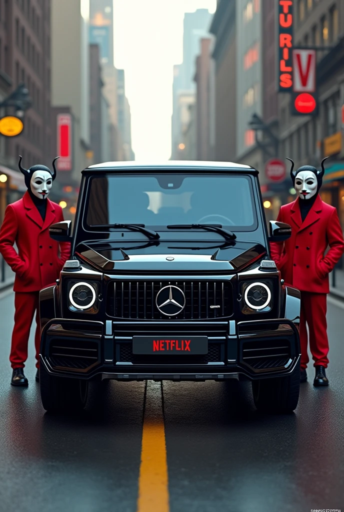 ((best quality)), ((masterpiece)) mercedes G Wagon in Glossy Black Colour in the middle of Roads with money heist characters