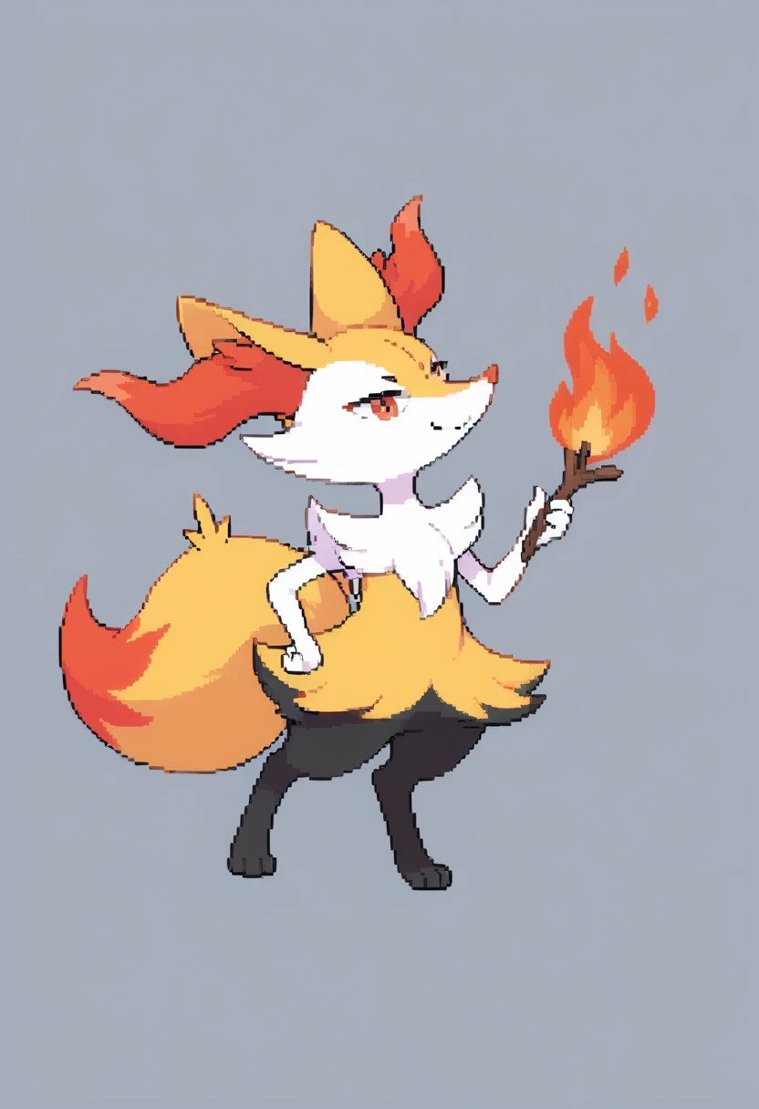 1girl, Masterpiece artwork, best qualityer, braixen, pokemon, yellow fox, detailded, Short snout, fluff ears, big tail, [Eyes red], olhos detaildeds, Fire background, dinamic pose, fox ears, fox tail, smug goofy face