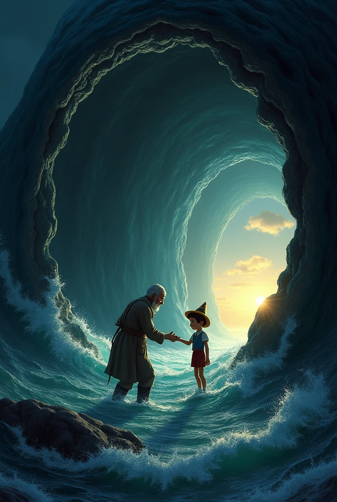 Pinocchio, with his wooden body and determined expression, is in the dark interior of a gigantic whale. La escena muestra a Pinocchio extendiendo su mano hacia Geppetto, who is by your side, with a mixture of relief and gratitude. The whale, with its dark interior and rough texture, looks calm as the two characters struggle to escape. A ray of light begins to penetrate from an opening in the whale&#39;s stomach, iluminando a Pinocchio y Geppetto mientras encuentran una salida. At the bottom, the whale&#39;s mouth opens, revealing the sparkling ocean and rising sun, suggesting the moment of his triumphant escape. La imagen captura la valentía de Pinocchio y el alivio de Geppetto en una atmósfera épica y esperanzadora.