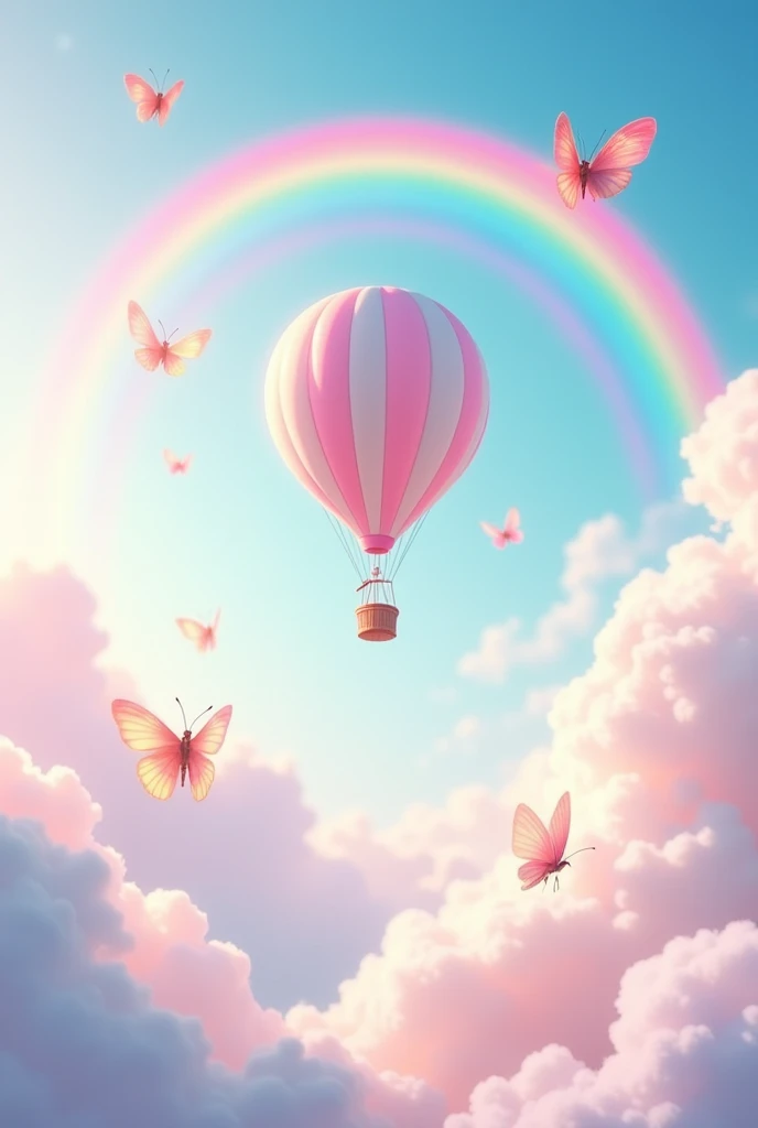 an image of the sky with light colors with a pink flying balloon and a rainbow in the background with several butterflies and very cute birds
