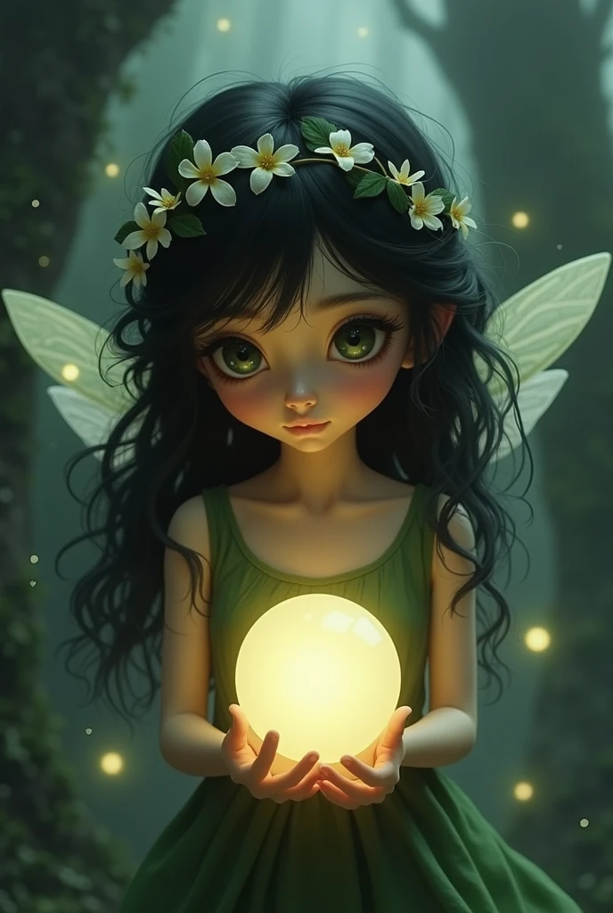 A little dark-haired fairy with wavy black hair, flower tiara, wings and green dress was sad, holding a little ball that was glowing a little