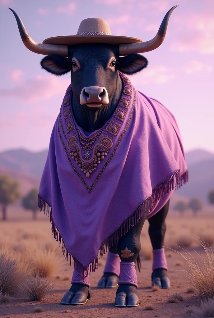 Bull in traditional gaucho clothing in lilac color
