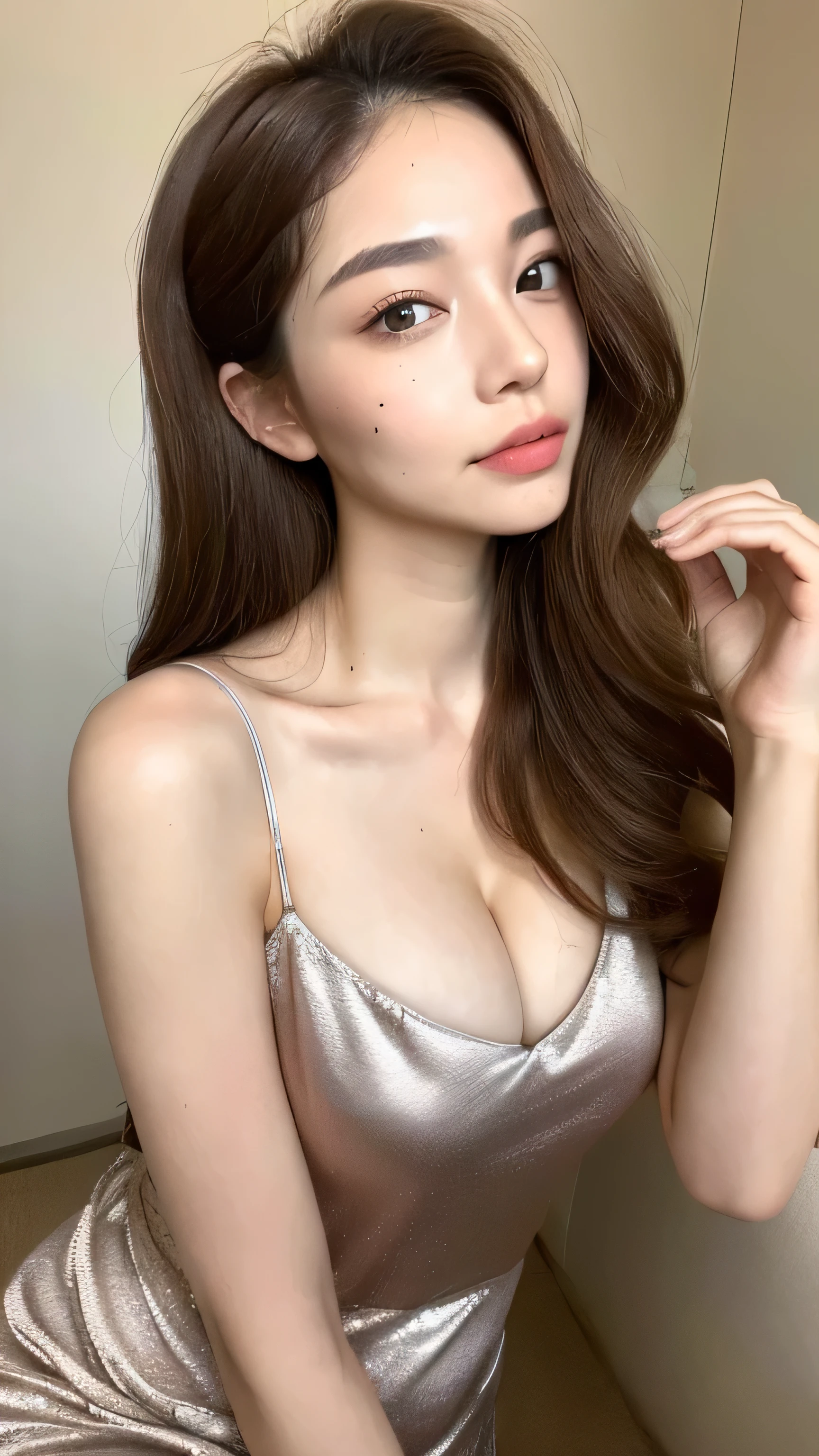 ((Highest quality, 8k, masterpiece: 1.3)), 1 female, Japanese Mature,Sensual beauty: 1.3, (Hair style Brown hair Medium wave, big: 1.2), Nightwear: 1.1, Super Slender Face, Delicate eyes, double eyelid, Dimples,Mole, Home,Plump body, Cleavage, very thick legs, Cowboys photographed from the air