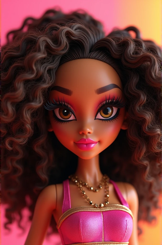 A bratz with curly brown hair and light brown eyes