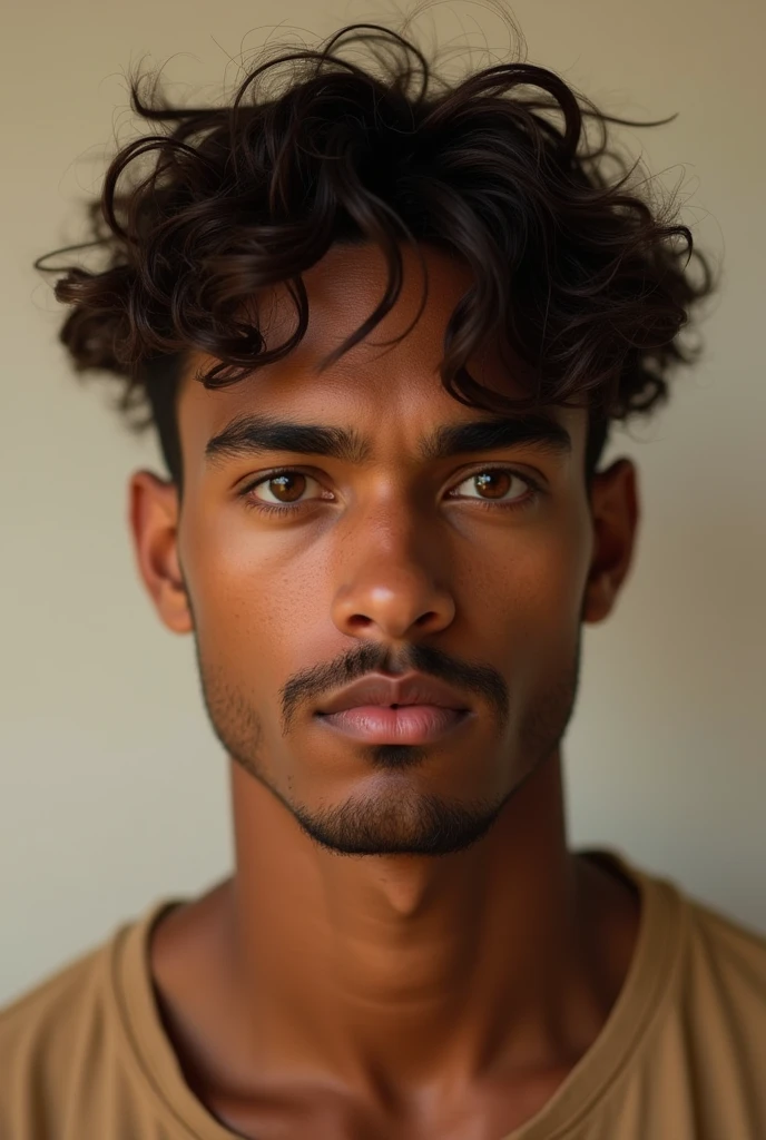 Photo of the face of a young man with brown skin, small mustache with thin goatee, honey colored eyes and short curly hair