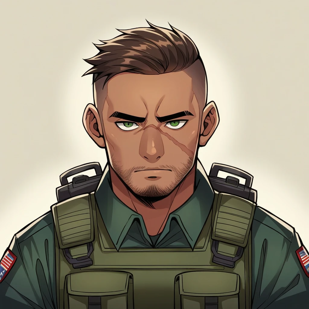 1boy, Solo, Looking at viewer, Short Hair, Brown Hair, Undercut, Green Eyes, Olive Skin, Facial Hair, Body Hair, Call Of Duty, Transman, Cute,

Height: 5'6"  
Build: Lean but muscular, built for agility and endurance rather than raw strength.
Hair: Short, dark brown, with a slight undercut.  
Eyes: Dark green, sharp and observant.  
Skin: Olive complexion, with a few scars from past missions.  
Attire: Wears lightweight, dark tactical gear optimized for stealth operations. His uniform includes a bulletproof vest, various pouches for medical supplies, and a compact backpack for emergency field surgery equipment. He also sports a balaclava that covers his lower face, leaving only his intense eyes visible, a nod to his "Angel" moniker 