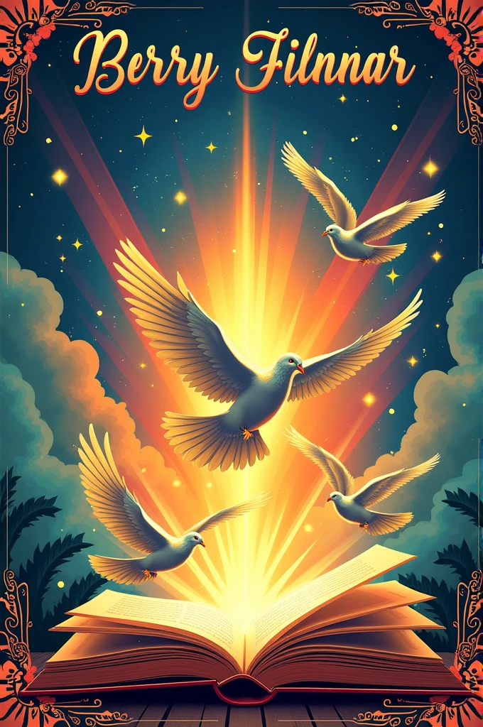 A landscape-oriented poster with the title "Wikang Mapagpalaya" prominently displayed in elegant, flowing Filipino script across the top. The background is a dynamic panorama of vibrant colors, symbolizing the richness and diversity of language. In the center, an open book lies horizontally, with its pages morphing into soaring doves, representing the liberating power of language. Traditional Filipino patterns and cultural symbols, such as the sun, stars, and intricate textiles, subtly frame the scene. The overall design is empowering, with a strong emphasis on cultural pride and the transformative impact of language on freedom.do not add the title