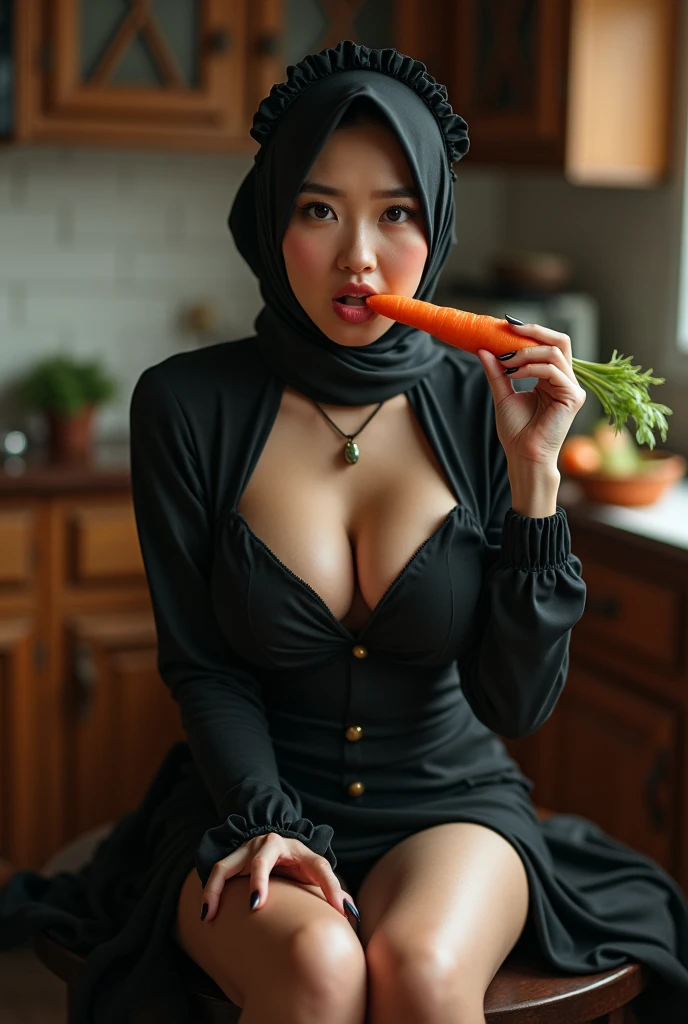 Asian girl , ชุดแม่บ้านlegวดำ , sit on m'leg. , Tied up ,very big breasts , Hijab Garden , Look at the underwear... ,tights ,In the kitchen, I see big breasts. ,Tight fitting ,Low angle camera ,Chest larger than waist, slim, Show smooth skin ,Hok face size 45 centimeters, Girl tied with rope , Making a dirty face , The mouth is sucking and licking the carrot.