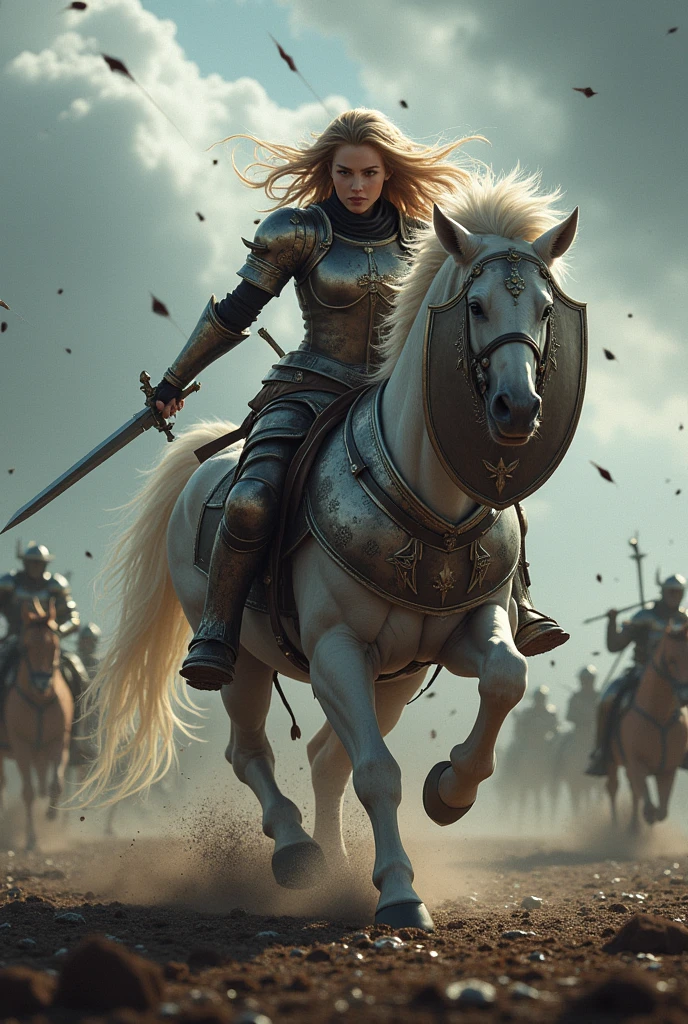 a female centaur(a creature with the head, arms, and torso of a woman and the body and legs of a horse) with sword, armor and shield in the battlefield, galloping, angry expression, rain of arrows, a bunch of hostile surrounding