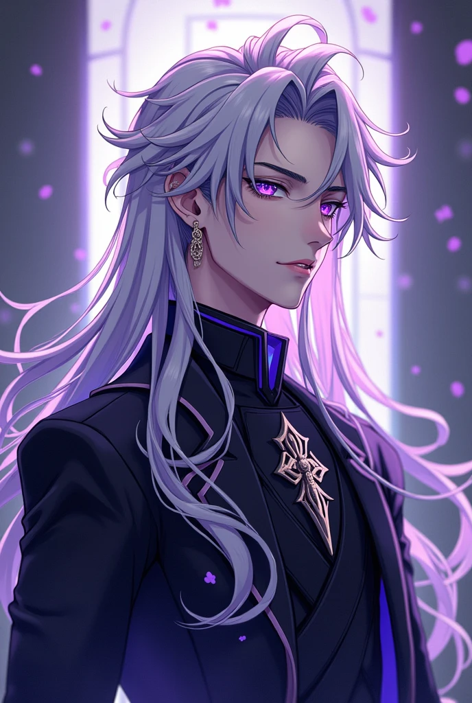 Anime, handsome youth, long silver hair, mesmerising amethyst eyes, male idol, left ear piercing in form of a cross, noble bearing, demon ascendance, Enkidu appearance, sci-fi clothes, full noble attire