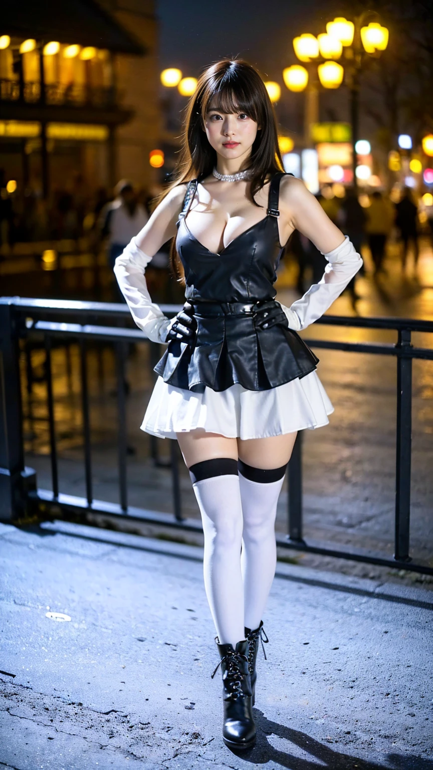 (8k、RAW Photos、Highest quality、masterpiece:1.2)、(Realistic、Realistic)、1 person、((black and white、Cleavage、tights、Gloves、Garter Ring、mini skirt、Thin legs、whole body、boots、View from the front、Looking into the camera、Night Park、Stand with hands on hips))、cute