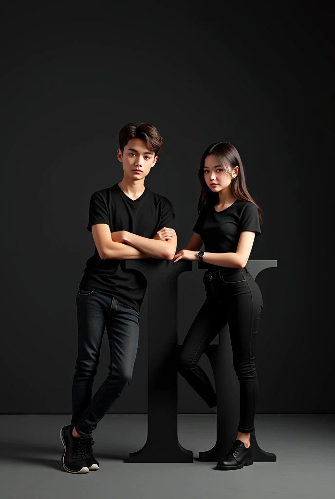 realistic cute stylish attitude boy standing up leaning on a Large Black 3D “H” name letter side and face down. Girl wearing black full t-shirt and black jeans, black shoes, watch stylish hair, The background black wall should ensure that the name is not misspelled