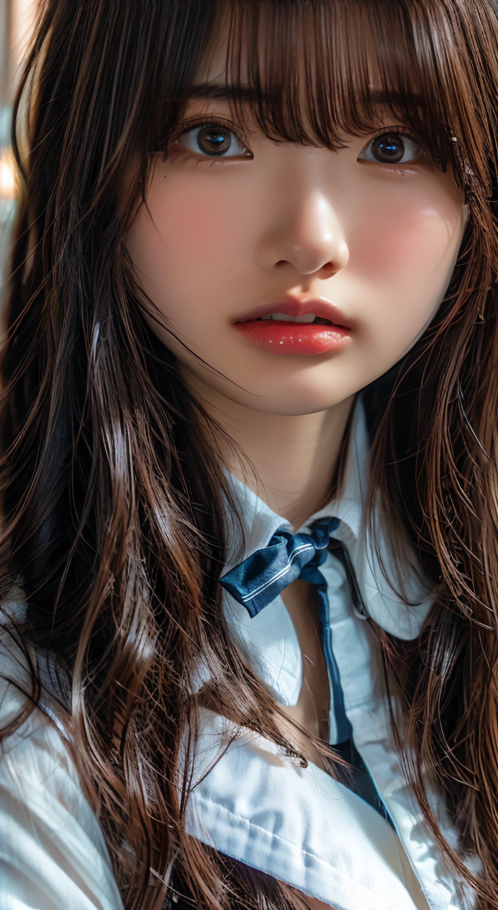 (Highest quality、Tabletop、、Best image quality、Award-winning works)、Extremely cute and lewd high school girl、White polyester collared shirt ripped because her breasts were too big、Short sleeve:1.4)、(Navy Pleated Skirt:1.1)、Girl portrait photography、Glowing Skin、Brown Hair、Are standing、Look at the audience with a big smile on your face、Sculpture Pose、(Cafe Background:1.45)、(Breasts bigger than face:1.85)、Accentuate your body lines:1.1)、Very large red ribbon tie、Very long hair:1.75、A begging expression for someone to hold her