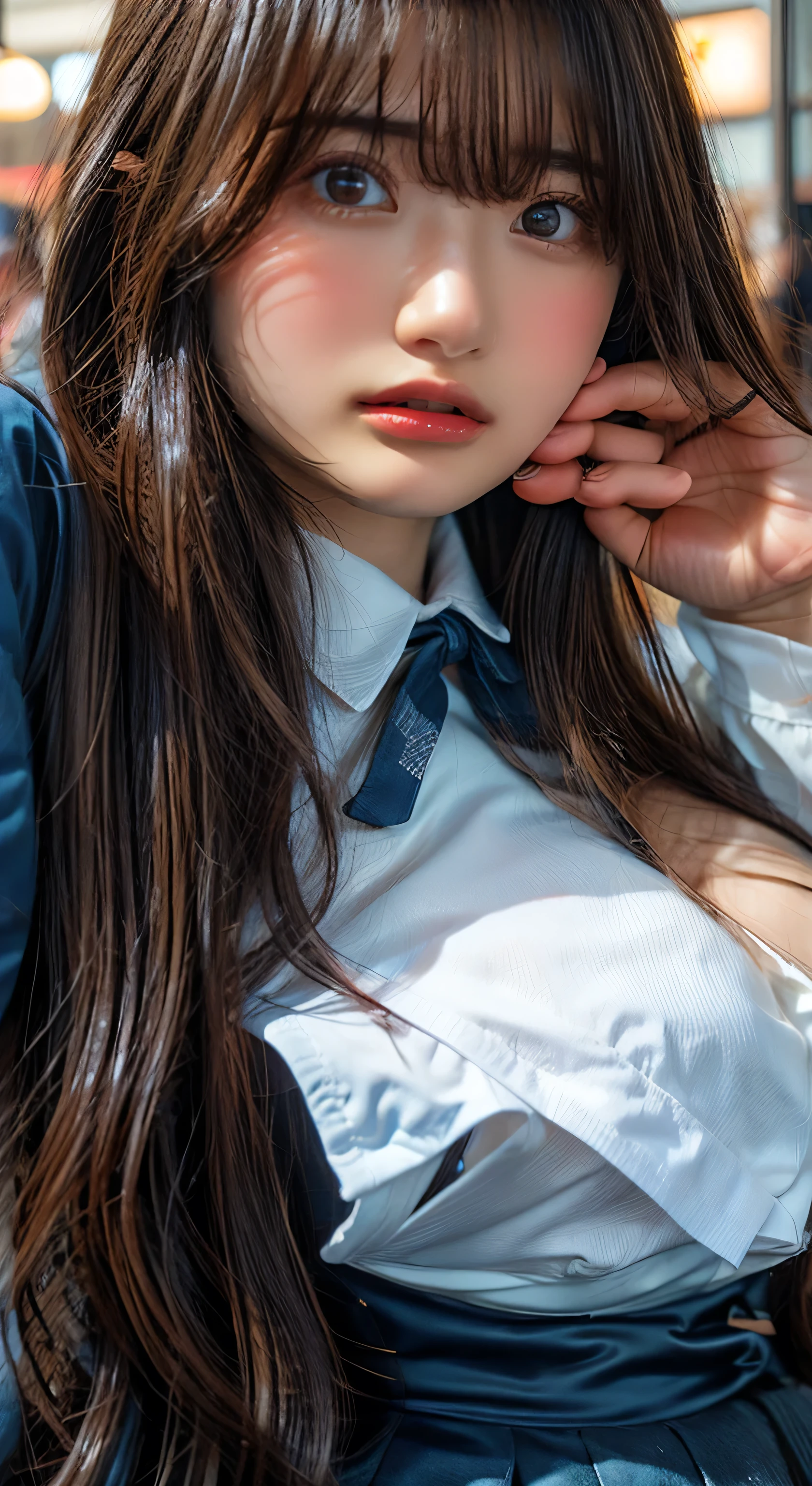 (Highest quality、Tabletop、、Best image quality、Award-winning works)、Extremely cute and lewd high school girl、White polyester collared shirt ripped because her breasts were too big、Short sleeve:1.4)、(Navy Pleated Skirt:1.1)、Girl portrait photography、Glowing Skin、Brown Hair、Are standing、Look at the audience with a big smile on your face、Sculpture Pose、(Cafe Background:1.45)、(Breasts bigger than face:1.85)、Accentuate your body lines:1.1)、Very large red ribbon tie、Very long hair:1.75、A begging expression for someone to hold her