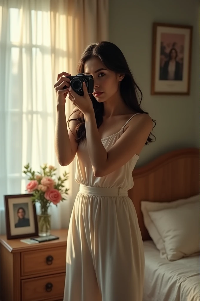A realistic woman taking a photo in the bedroom 