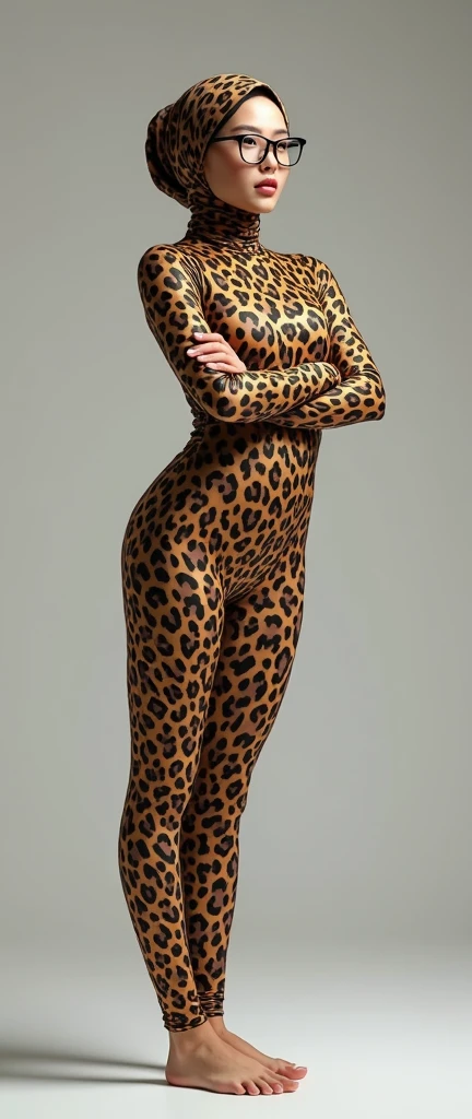 the twenty nine years old asian chinese contortion muslimah wearing a pair of black glasses wears mix leopard print lycra and spandex turtleneck unitard catsuit and mix leopard print lycra dancewear hijab.She looks like a cute cat.