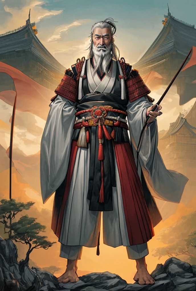 A dignified image of Hojo Soun, the strategic daimyo who founded the Hojo clan. Soun is depicted as an older man with a wise face, wearing a traditional samurai robe with the Hojo family crest. His hair is gray, tied back neatly, and he has a long, flowing beard. He stands on a hill overlooking his castle, with a commanding view of the surrounding land. The setting sun casts a warm glow over the scene, highlighting his figure. Soun's expression is calm and calculating, reflecting his reputation as a wise and strategic leader.