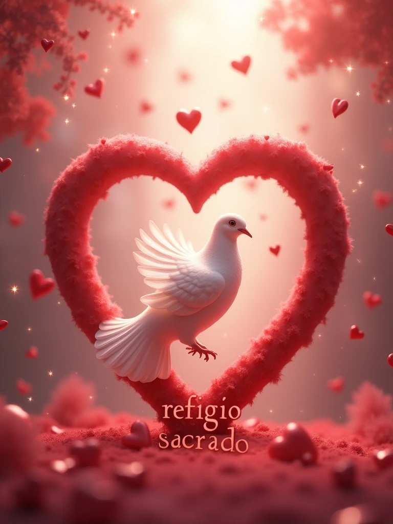Heart-shaped design with the name "Refúgio Sagrado", adorned with a white dove and floating hearts, evoking love and serenity, digital art, soft shades of red, matte finish, dreamy background with sparkles.