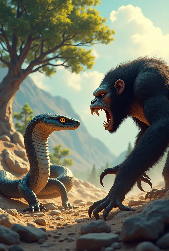 This is a digital image of a white-toothed viper walking on rocky ground. And the ape is facing the right side of the picture, with its mouth wide open, emitting sharp teeth and sharp claws. And its eyes are yellow. The background is a light green tree from sunset. The land is covered with rocks and boulders and there are trees and mountains in the distance. The general feeling of the image is fierce and energetic.