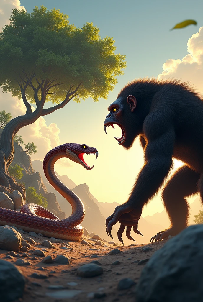 This is a digital image of a white-toothed viper walking on rocky ground. And the ape is facing the right side of the picture, with its mouth wide open, emitting sharp teeth and sharp claws. And its eyes are yellow. The background is a light green tree from sunset. The land is covered with rocks and boulders and there are trees and mountains in the distance. The general feeling of the image is fierce and energetic.