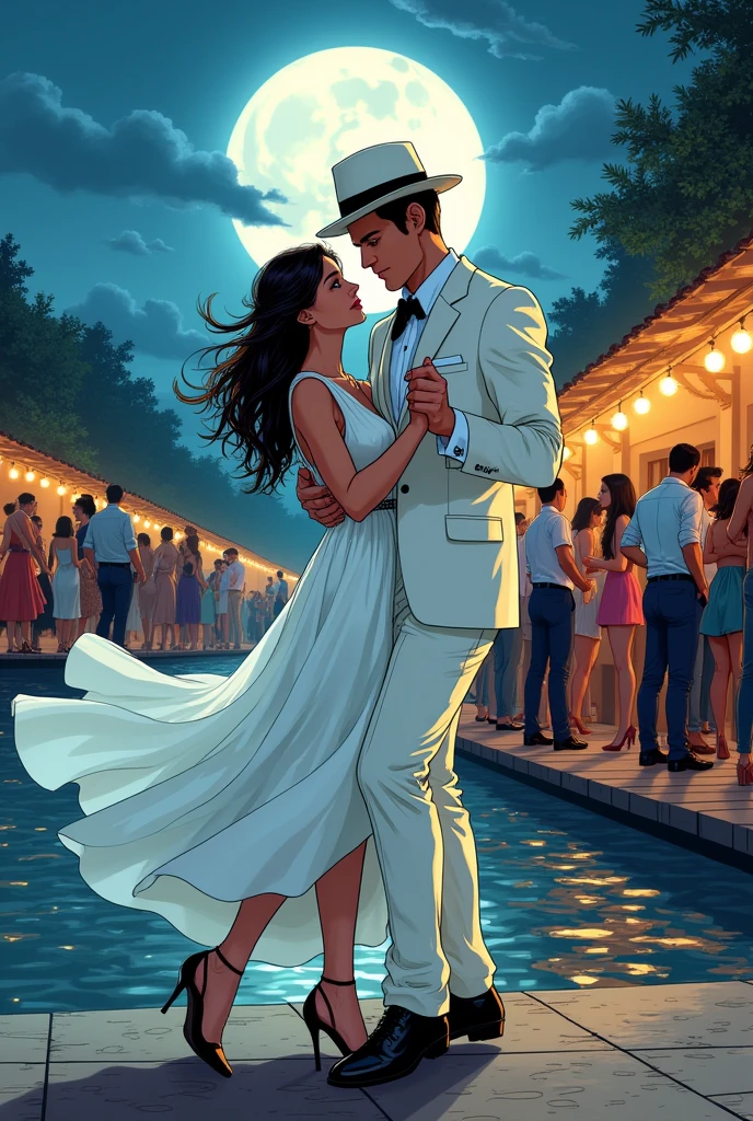 use the same character to make a man, handsome young man with blue eyes in a white suit and a formal hat dancing elegantly with a girl at a riverside party. on a moonlit night. in comic style.