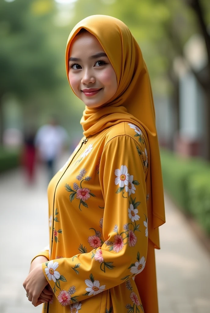 RAW, Best quality, high resolution, Arab: 1.3), Beautiful Malay woman in hijab (iu:0.8), Best quality, high resolution, Arab: 1.3, Beautiful Malay girl in hijab, Arab, Soft smile, high resolution, 4k, HDR, 1 girl, photorealistic, realistic, smiling at the viewer, close-up, Malay girl in a small floral-patterned Malaysian baju kuning hijab on campus, wearing a backpack, back view, skin detail, skin texture detail, mole under the eye, big hips, waist big, big round buttocks, big thighs, slim belly, beautiful body, evening, smiling, happy, bright lighting, student background, busy campus, blurry background, bokeh,big butt, big boob, big ass, Bare ass,big oppai,Naked,Without underwear,Naked,fart