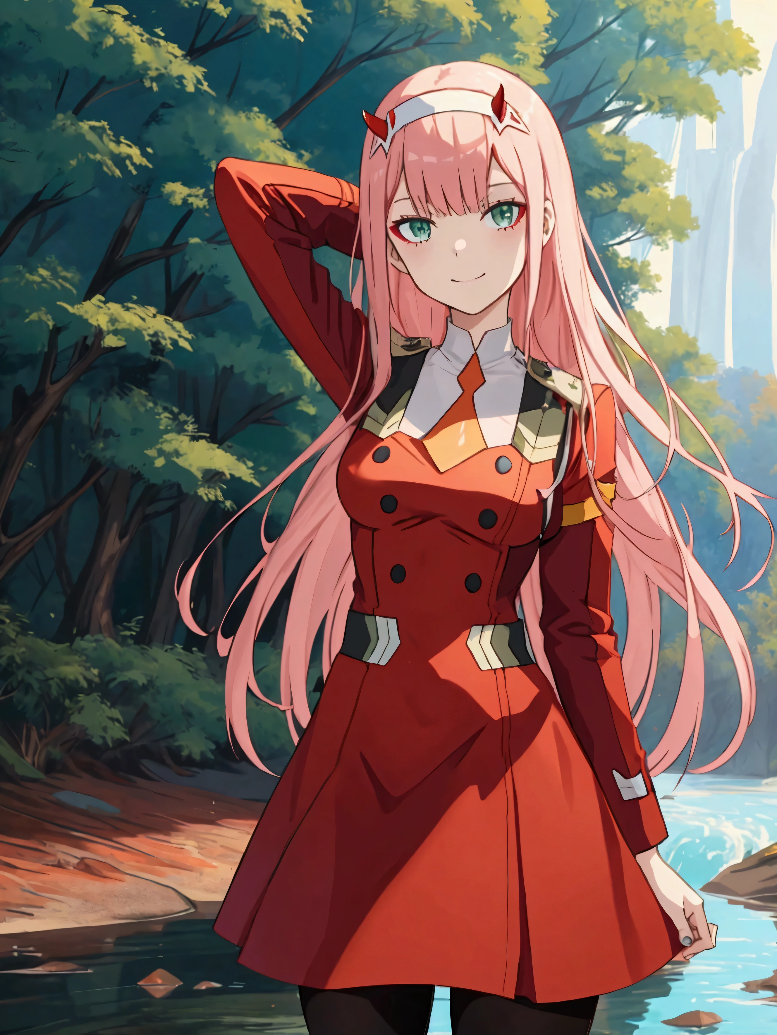 masterpiece, vibrant colours, hd. highres, absurdres, best quality, 1girl, solo, zero_two_\(darling_in_the_franxx\), long hair, horns, pink hair, pantyhose, breasts, hairband, smile, looking at viewer, black pantyhose, medium breasts, white hairband, simple background, arms behind head, arms up, bangs, green eyes, dress, closed mouth, red horns, uniform, red dress, very long hair, straight hair, standing, necktie, forest by the river, smug