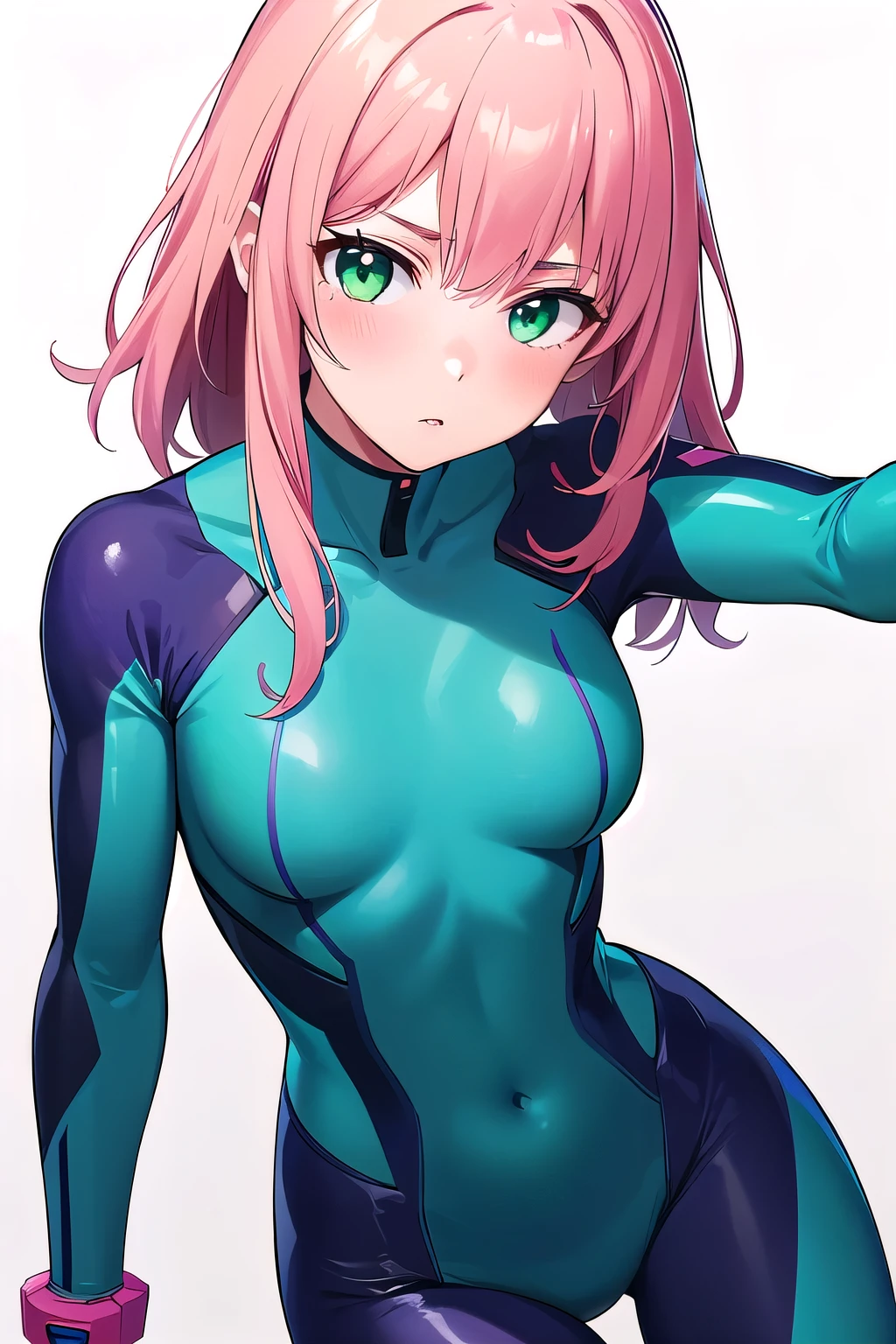 1girl,Samus aran,solo,green eyes, pink hair, forehead hair, zero suit ,purple stripes,cowboy shot,blush,,Science fiction,ultra-detailed,sharp focus,aesthetic,(best quality), white background