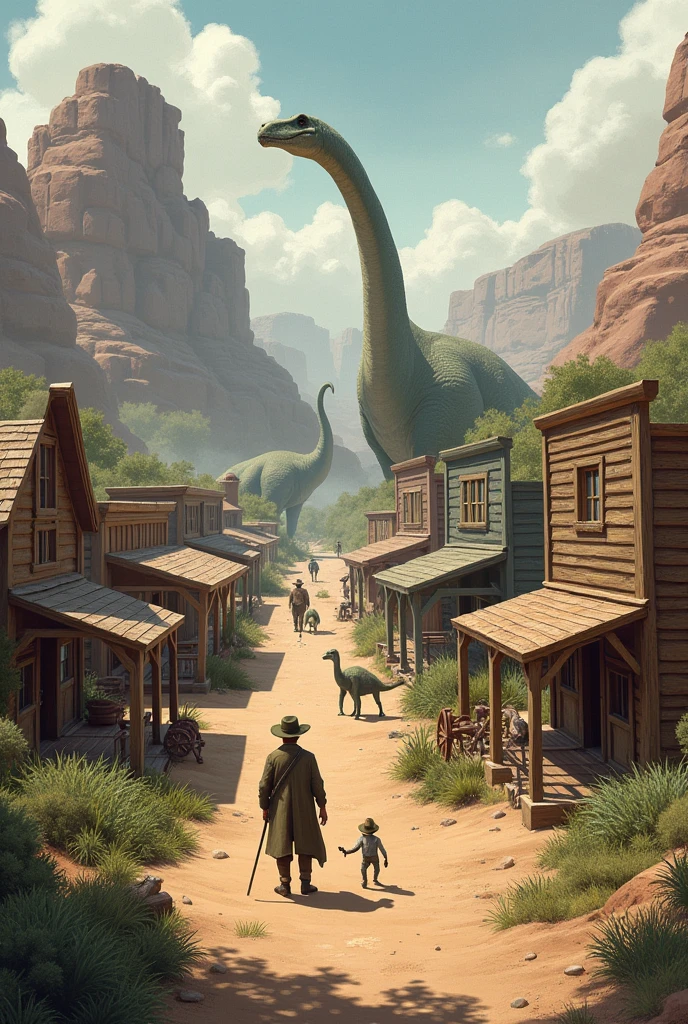 Wild West Concept Art With a small rustic town and some domesticated dinosaurs 