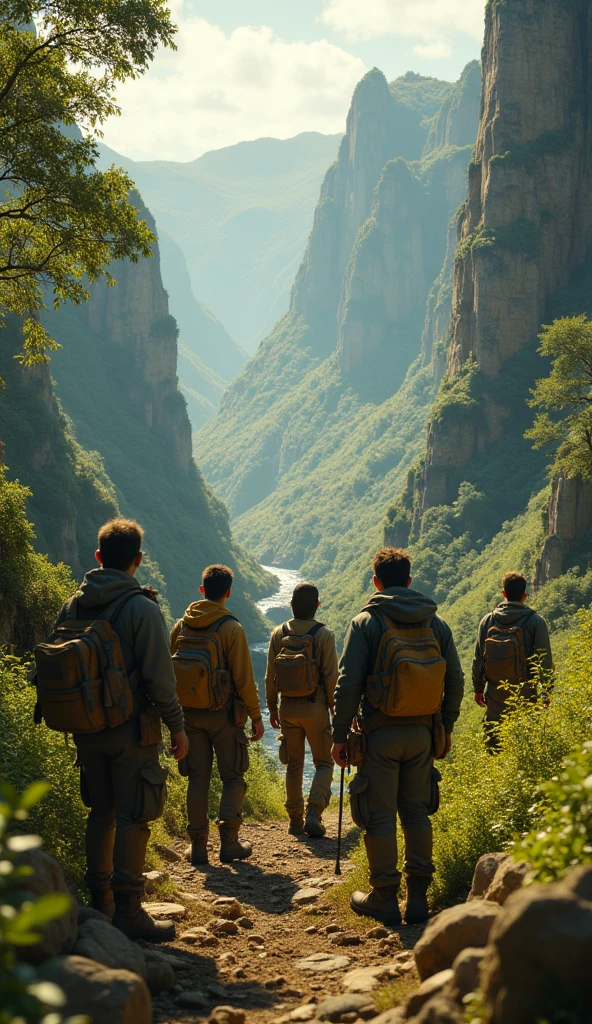 A team of archaeologists discovers a hidden valley, close uo shot