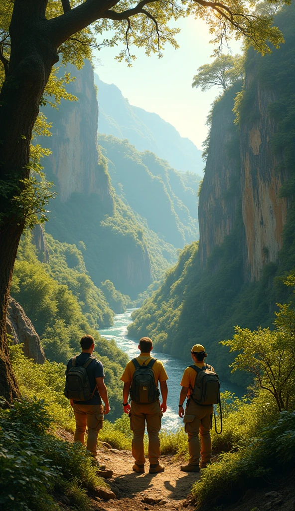 A team of archaeologists discovers a hidden valley, close uo shot