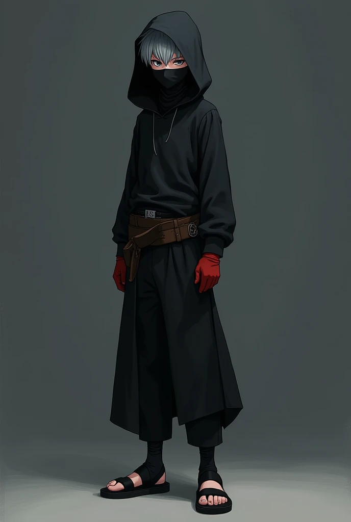 A 20 year old boy with white skin color and black eyes, he is wearing a black hood and a mask that covers his mouth, He is also wearing a black long-sleeved shirt and on his hands he has red gloves., his pants are black and he is wearing sandals, he also has a brown belt around his waist.
anime styling!!