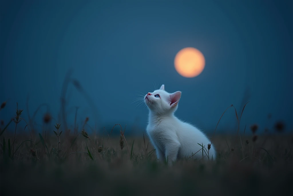 White kitten looking up at the sky,The full moon is visible in the distance in the sky,The moonlight makes the surroundings slightly bright.,Night Grassland,