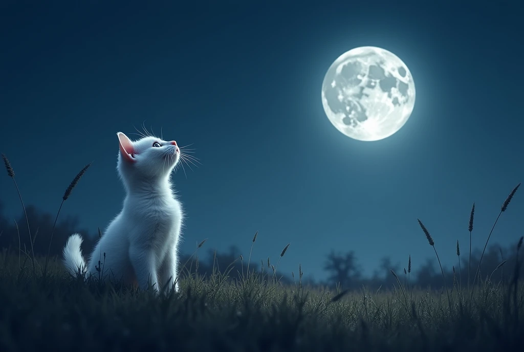 White kitten looking up at the sky,The full moon is visible in the distance in the sky,The moonlight makes the surroundings slightly bright.,Night Grassland,