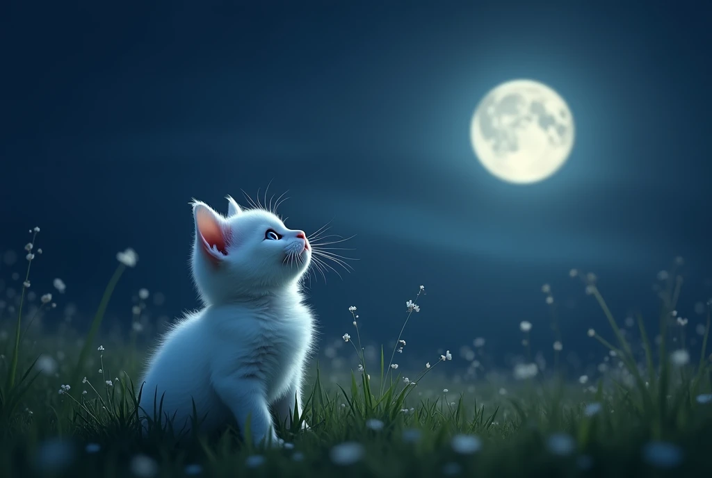 White kitten looking up at the sky,The full moon is visible in the distance in the sky,The moonlight makes the surroundings slightly bright.,Night Grassland,