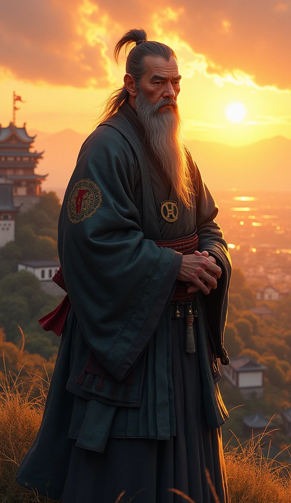A dignified image of Hojo Soun, the strategic daimyo who founded the Hojo clan. Soun is depicted as an older man with a wise face, wearing a traditional samurai robe with the Hojo family crest. His hair is gray, tied back neatly, and he has a long, flowing beard. He stands on a hill overlooking his castle, with a commanding view of the surrounding land. The setting sun casts a warm glow over the scene, highlighting his figure. Soun's expression is calm and calculating, reflecting his reputation as a wise and strategic leader.