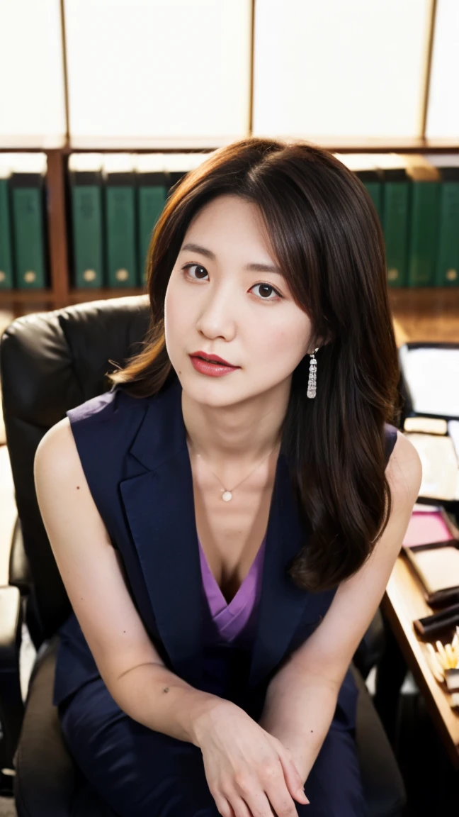 (top-quality, 16K, ​masterpiece:1.3), (ultra detailed), (masterpiece), (best quality), Highest quality, Realistic, surreal, Highest quality, Extremely detailed CG, Very delicate, 16K wallpaper, High resolution, A female manager working for a top company, 3, ((face, mole, beauty mark:1.5)), ((UNTITLED business suits:1.2)), ((A very simple necklace)), ((at midnight:1.5)), ((alone with my lover in the Japanese office in the middle of the night:1.5)), ((sitting in an office chair)), ((arched back:1.4)), Japanese, slender body, very detailed, detailed fingers, detailed hands, detailed eyes, detailed legs, accurate and perfect human anatomy, real human skin, BREAK ((upper body:1.5)), ((look into the viewer's eyes:1.5)), ((looking at viewer:1.5)), ((Front view:1.5)), ((from front:1.5)),