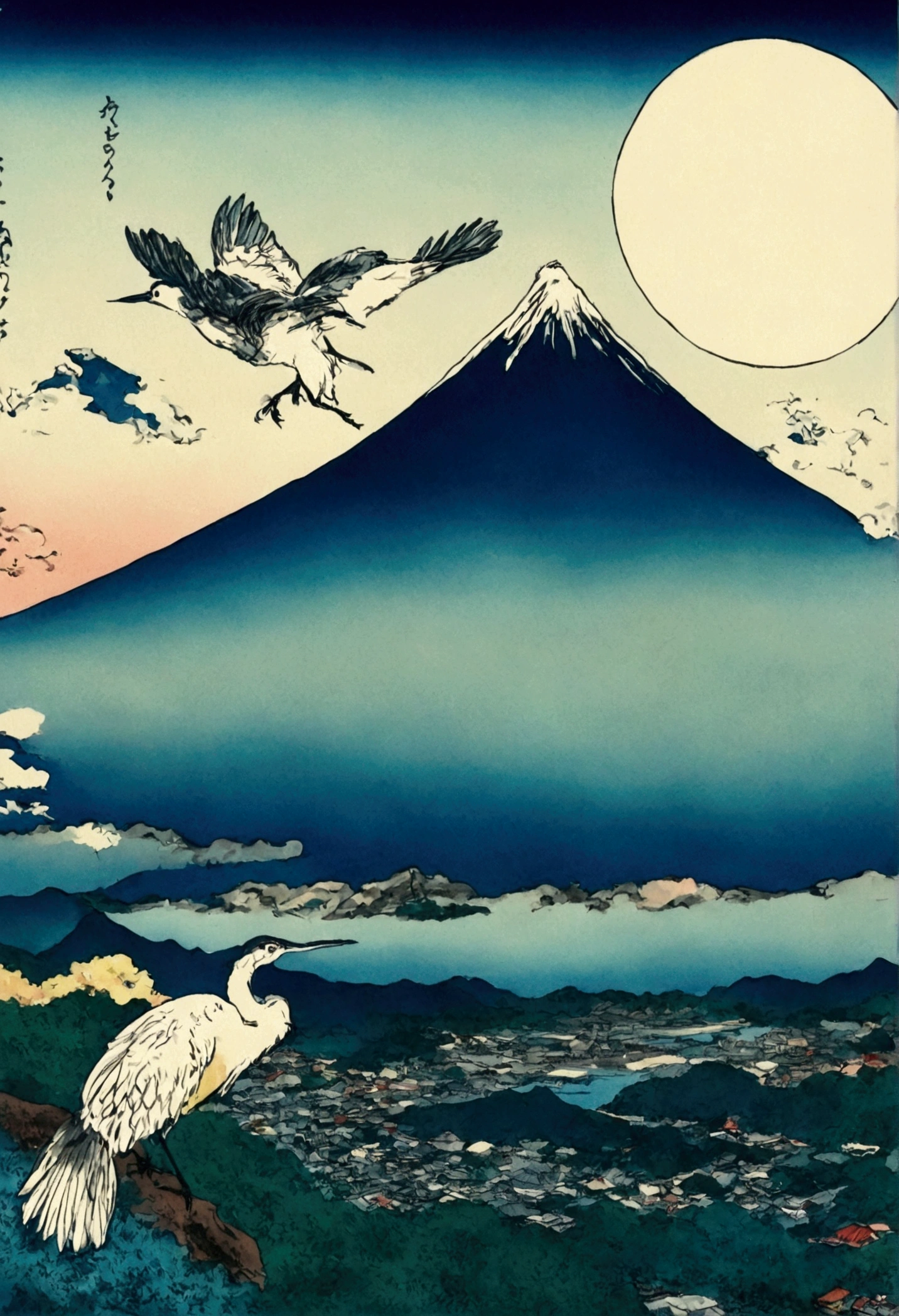 milky way、moon、Fuji Mountain、bird