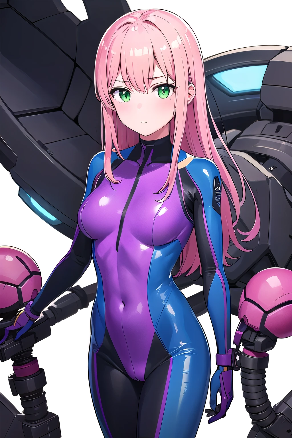 1girl,Samus aran,solo,green eyes, pink hair, forehead   hair, zero suit ,purple stripes,cowboy shot,blush,,Science fiction,ultra-detailed,sharp focus,aesthetic,(best quality), white background