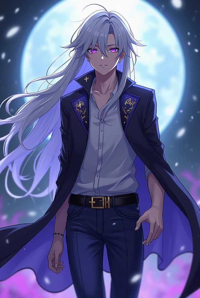 Anime, handsome youth, long silver hair, mesmerising amethyst eyes, male idol, left ear piercing in form of a cross, noble bearing, demon ascendance, Enkidu appearance, sci-fi clothes, pants & shoes
